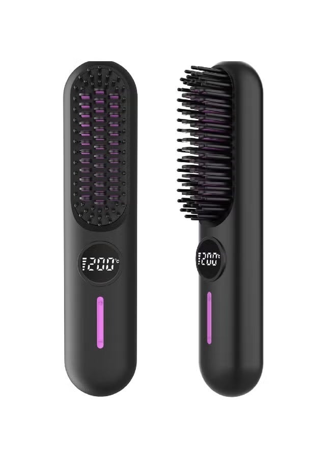 JAJEEK Wireless Hair Straightening Brush with Ceramic Heating Teeth, Cordless 2-in-1 Straightening & Curling Comb with 7 Adjustable Temperature Settings, Type-C Fast Charging, LED Display, Negative Ion Technology for Smooth, Shiny & Frizz-Free Styling, Portable Travel-Friendly Hair Tool for Work, Home & Daily Use (Black & Purple) - Image 1