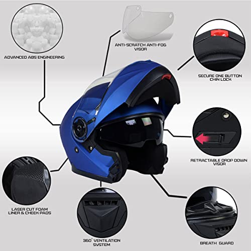 Milwaukee Helmets MPH9818DOT Breeze Blue Advanced Motorcycle Modular Helmet Biker w/ Drop Down Visor - X-Small - Image 4
