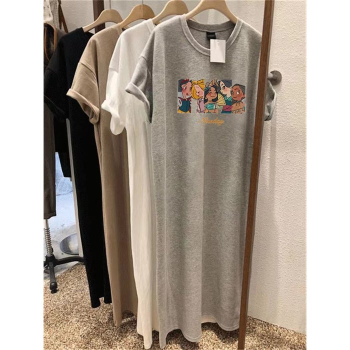 Short-sleeved Womens Summer Loose Long T-shirt Over-the-knee Long Dress Students Cartoon Printed Ins South Korea Western Style Lazy Dress Gray