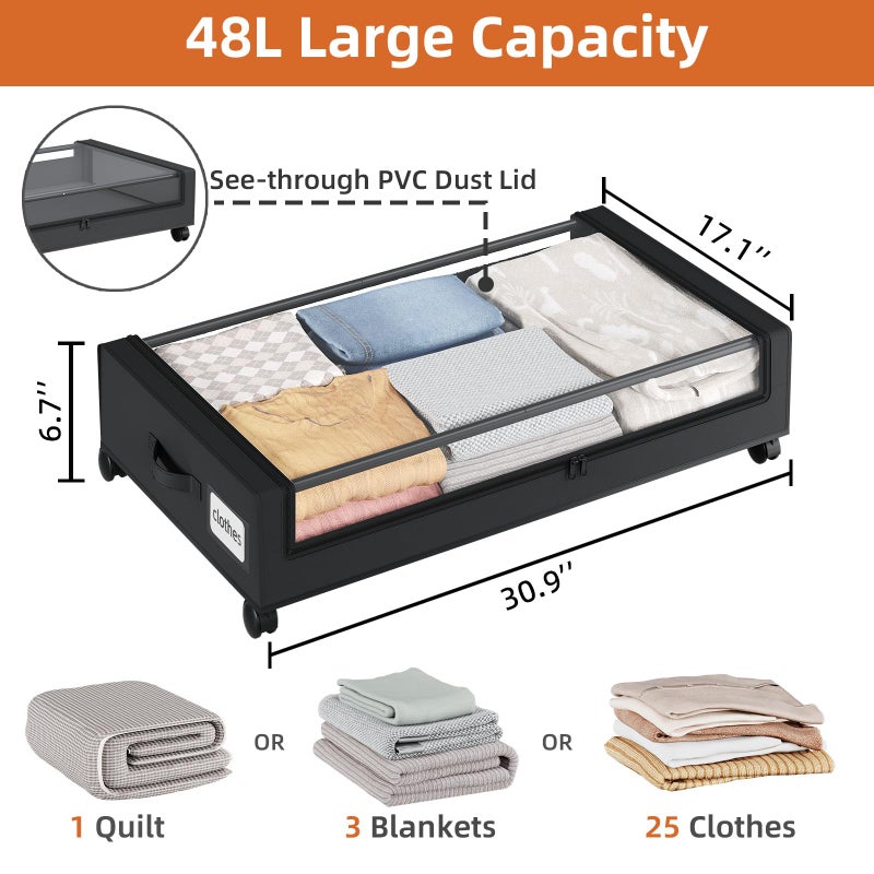 Somdot Under Bed Storage with Wheels, 2 Pack Bed Storage Containers with Dividers & Clear Lids,Easy Pull-out Metal Drawer for Clothes, Shoes,Toys, Blankets (Black) - Image 2
