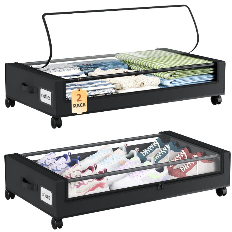 Somdot Under Bed Storage with Wheels, 2 Pack Bed Storage Containers with Dividers & Clear Lids,Easy Pull-out Metal Drawer for Clothes, Shoes,Toys, Blankets (Black) - Image 1
