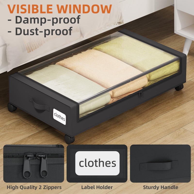 Somdot Under Bed Storage with Wheels, 2 Pack Bed Storage Containers with Dividers & Clear Lids,Easy Pull-out Metal Drawer for Clothes, Shoes,Toys, Blankets (Black) - Image 3
