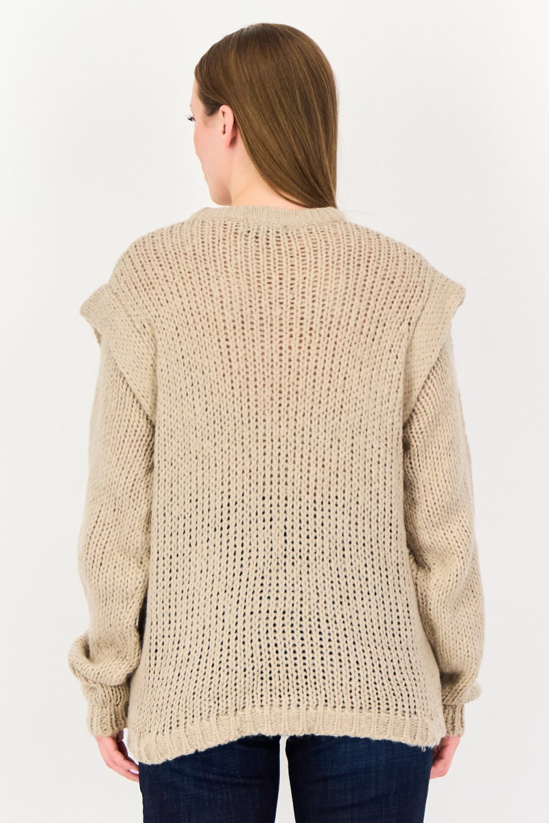 BRAVE SOUL Women Crew Neck Knitted Sweater, Taupe - Image 4