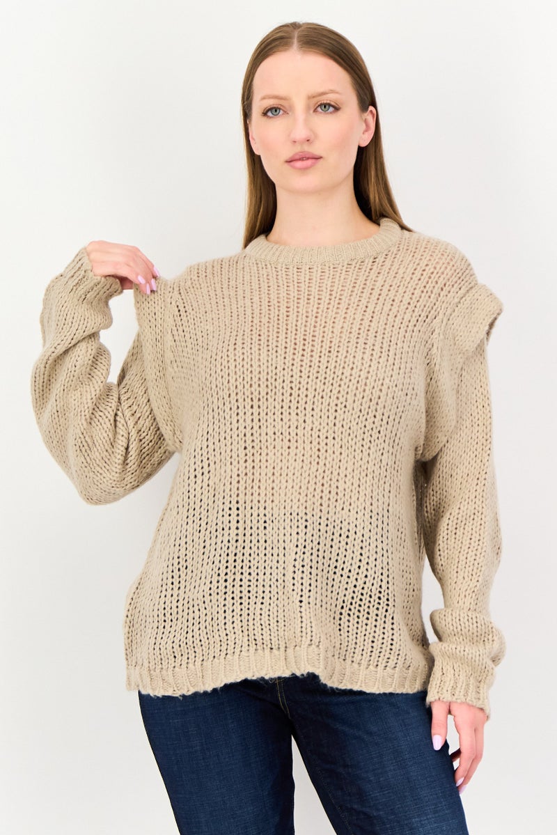 BRAVE SOUL Women Crew Neck Knitted Sweater, Taupe - Image 1