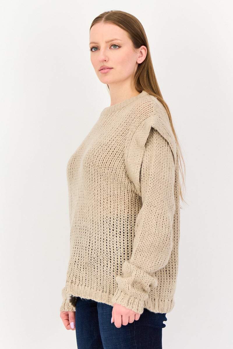 BRAVE SOUL Women Crew Neck Knitted Sweater, Taupe - Image 3