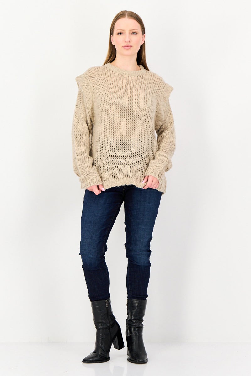 BRAVE SOUL Women Crew Neck Knitted Sweater, Taupe - Image 2