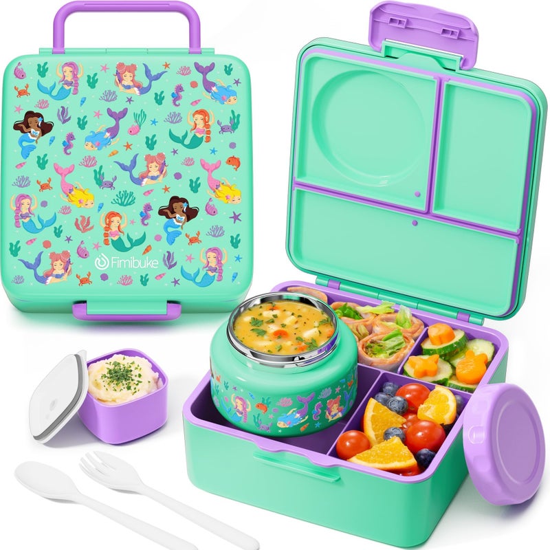 Fimibuke Bento Lunch Box for Kids Adult, 3-4 Compartment 60OZ Toddler Lunch Box Container with Leakproof 8OZ Insulated Food Jar, Sauce Jar, Utensil for School Boys Girls, BPA-Free Dishwasher Safe - Image 1
