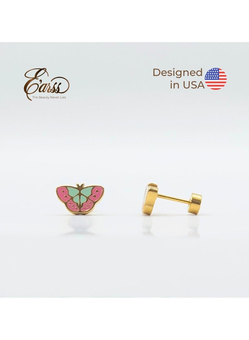 Earss Gold Enameled Butterfly Stud Earrings For Kids, Gold Plated - Image 3