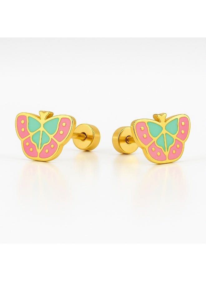 Earss Gold Enameled Butterfly Stud Earrings For Kids, Gold Plated - Image 1