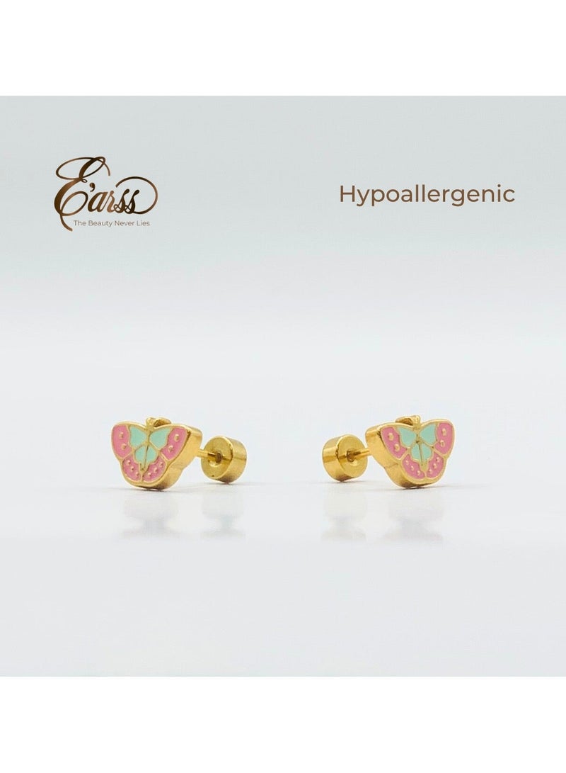 Earss Gold Enameled Butterfly Stud Earrings For Kids, Gold Plated - Image 4