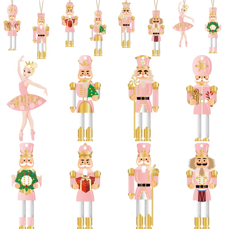 Woanger 24 Pcs Christmas Nutcrackers Hanging Tree Ornaments Wooden King and Soldier Nutcracker and Ballerina Ornament for Christmas Tree DecorationClassic