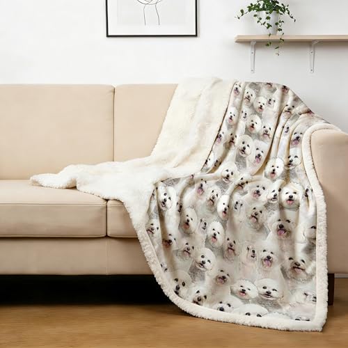 BlessLiving Bichon Frise Sherpa Fleece Throw Blanket Reversible Soft Fluffy Warm Cozy Dogs Blanket for Couch Bed Cute Puppy Animal Pattern Blankets Thoughtful Gift for Dog Lovers 50" x 60" - Image 1