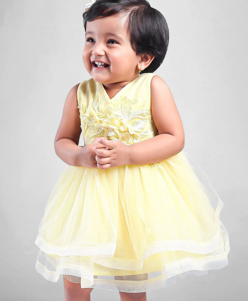 babyhug Babyhug Party Wear Sleeveless Frock Floral Appliques - Light Yellow
