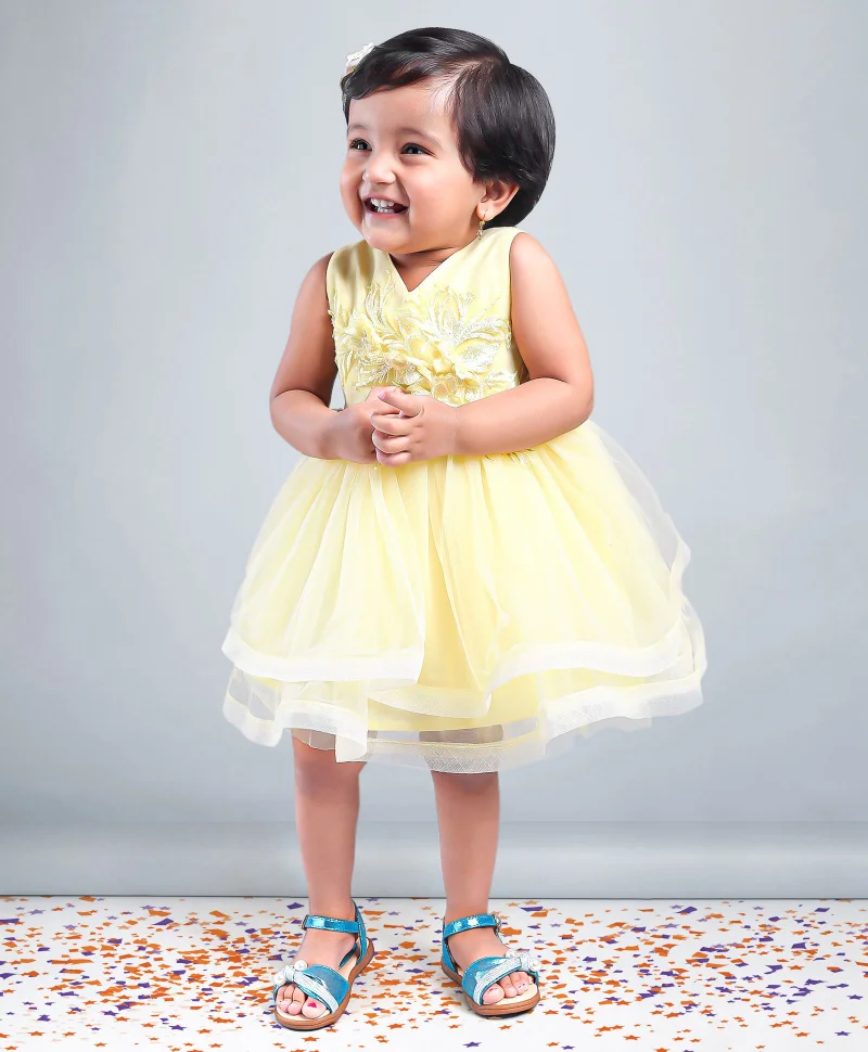 babyhug Babyhug Party Wear Sleeveless Frock Floral Appliques - Light Yellow