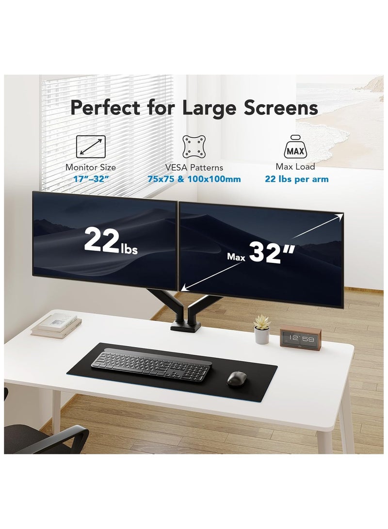 ALAMAREQ Dual Monitor Mount for 2 Monitors up to 32 inches, Each Arm Holds Max 22lbs, Dual Monitor Stand with Gas Spring System, Height-Adjustable/Tilt/Swivel/Rotate, VESA Standard 75mm or 100mm  - Image 2