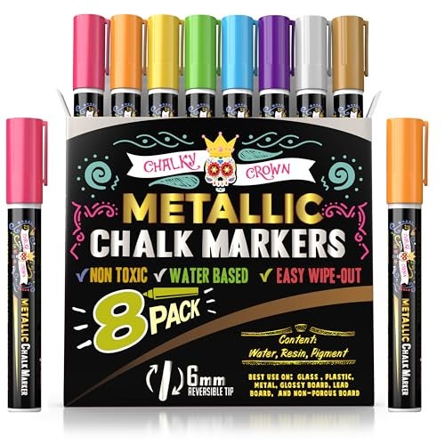 CHALKY CROWN Metallic Liquid Chalk Markers - 8 Pack with Reversible Bullet and Chisel Tips - Dust Free, Erasable, Non-Toxic - Ideal for Blackboards, Windows, and Glass - Writing Tools - Image 1