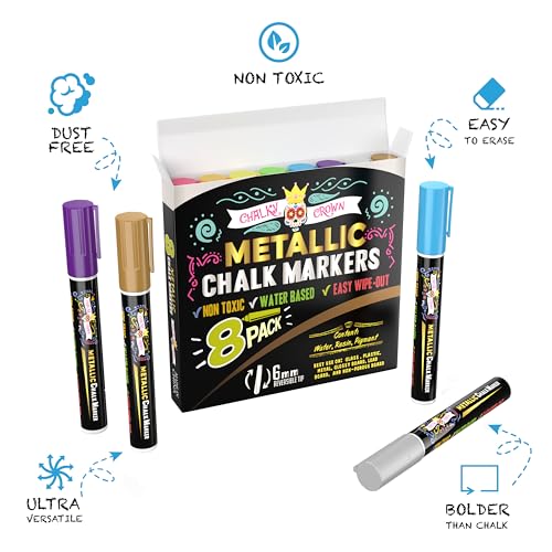 CHALKY CROWN Metallic Liquid Chalk Markers - 8 Pack with Reversible Bullet and Chisel Tips - Dust Free, Erasable, Non-Toxic - Ideal for Blackboards, Windows, and Glass - Writing Tools - Image 2