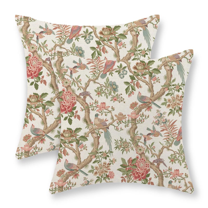 GOLIANDA Chinoiserie Pillow Covers 18x18 Set of 2 Pink Green Bird Floral Throw Pillows Vintage Pink Flower Bird Decorative Pillow Cases Outdoor Chinoiserie Decor Farmhouse Cushion Case for Couch Sofa - Image 1