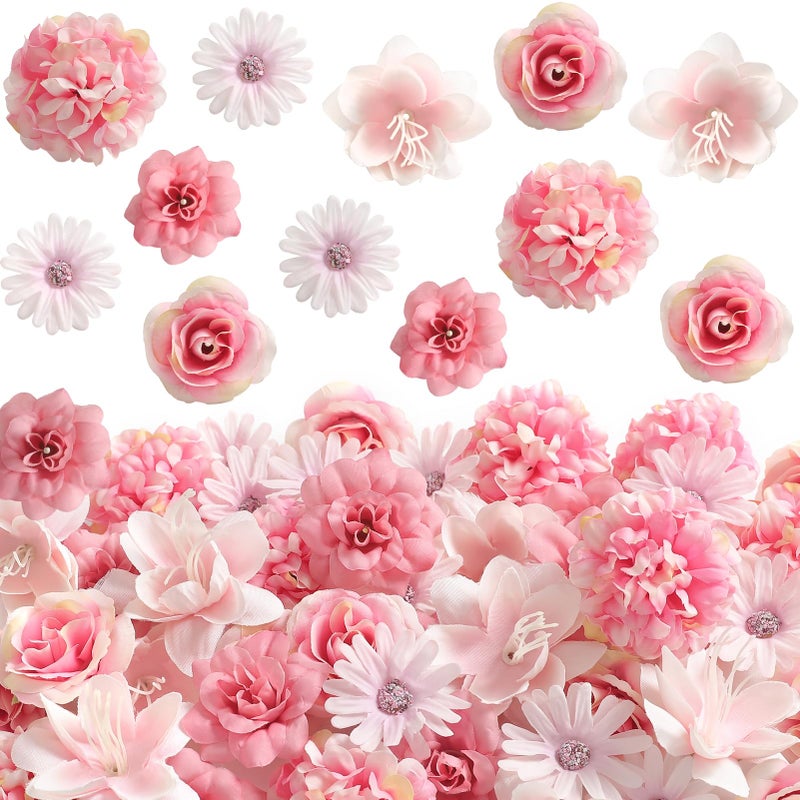 Koroni Flowers Artificial Silk Flower Heads for Crafts â€“ Faux Roses, Daisies & Mini Floral Heads Bulk for Wedding, Graduation Cap, Cake Topper, Summer Party Decorations (Pink 6) - Image 1