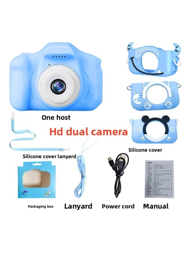Generic HD Mini Children's Camera Educational Toy Digital Camera Cartoon Digital Small SLR Sports Camera Toy-Body Color:Double Lens Blue With Silicone Sleeve  - Image 1