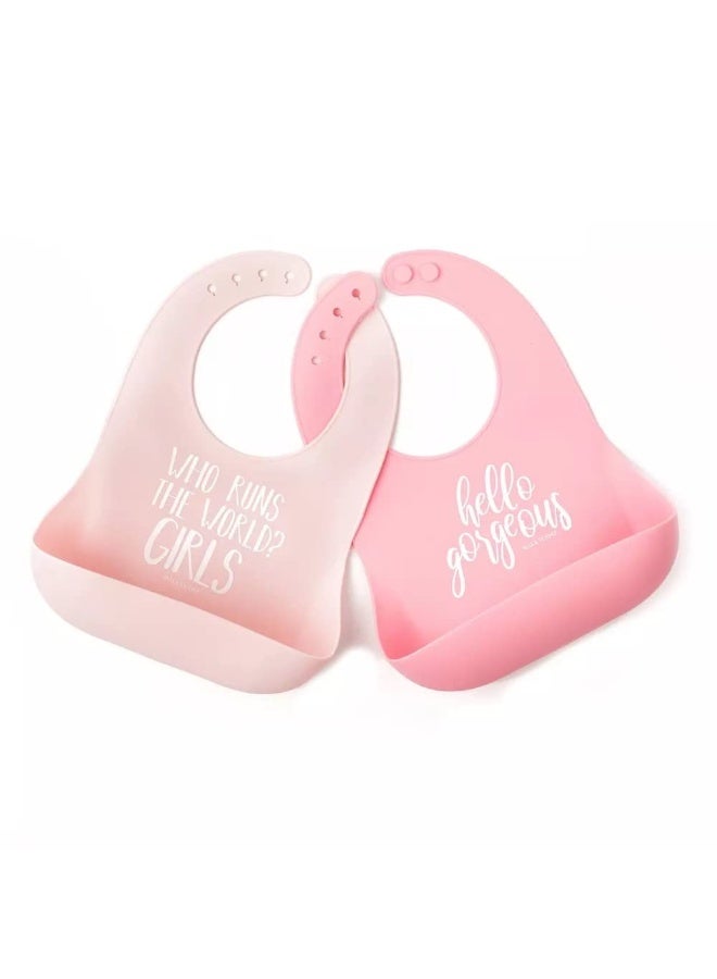 Bella Tunno Baby Bib for Eating by Bella Tunno, Set of 2 Waterproof Silicone Bibs with Large Food Catcher, Adjustable Fit for Babies 4-12 months & Toddlers 1-3 Years, Boys & Girls, Who Runs The World & Gorgeous - Image 1