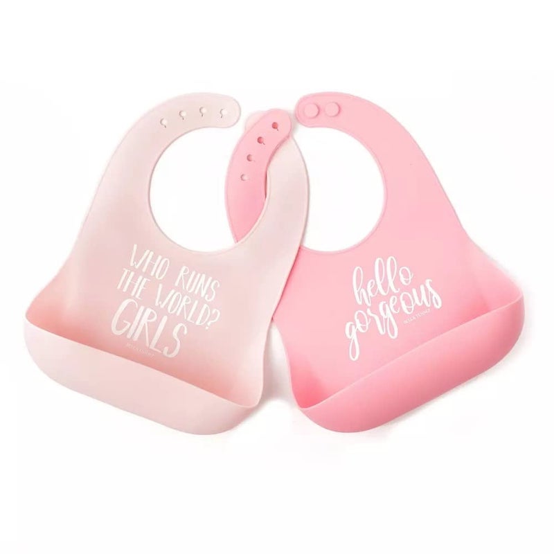 Bella Tunno Wonder Bib 2pk - Adjustable Silicone Baby Bibs for Girls & Boys, Durable and Waterproof BPA Free Silicone, Run The World & Hello Gorgeous - Image 1
