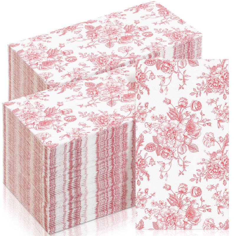 Tinlade 200 Pcs Pink Floral Guest Napkins Cocktail Napkins Disposable Paper Bathroom Hand Towel Paper Dinner for Wedding Bridal Tea Bachelorette Celebration Party Bathroom Toilet Supply - Image 1