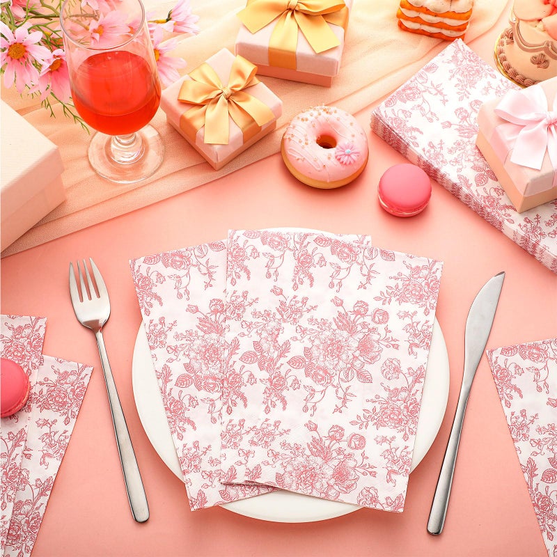 Tinlade 200 Pcs Pink Floral Guest Napkins Cocktail Napkins Disposable Paper Bathroom Hand Towel Paper Dinner for Wedding Bridal Tea Bachelorette Celebration Party Bathroom Toilet Supply - Image 3