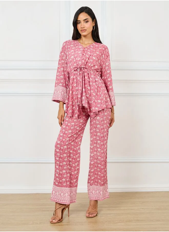 Styli Asymmetric Hem All Over Print Top & Pants Set