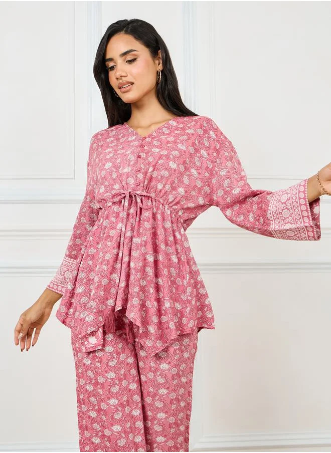 Styli Asymmetric Hem All Over Print Top & Pants Set
