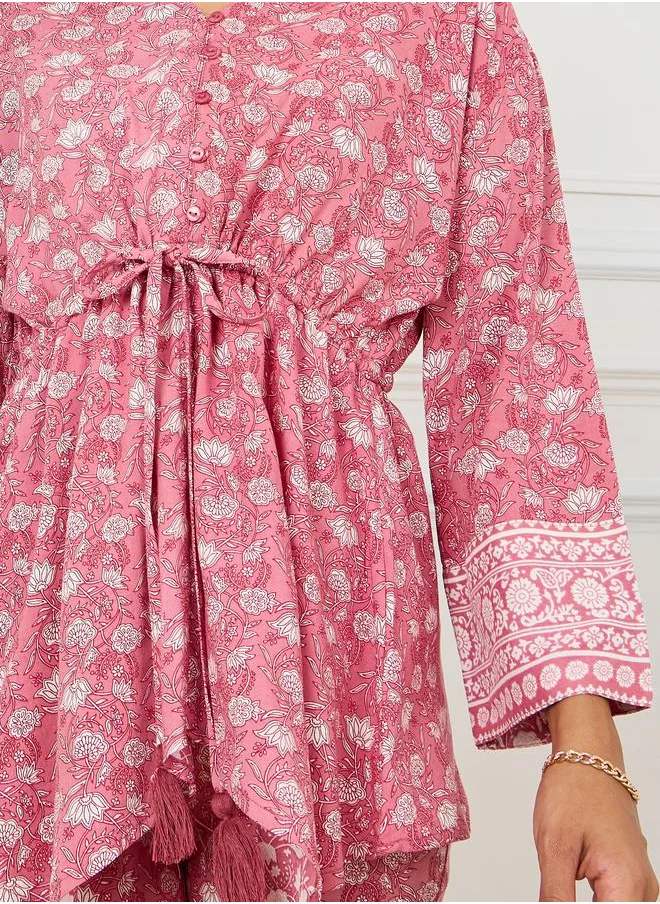 Styli Asymmetric Hem All Over Print Top & Pants Set
