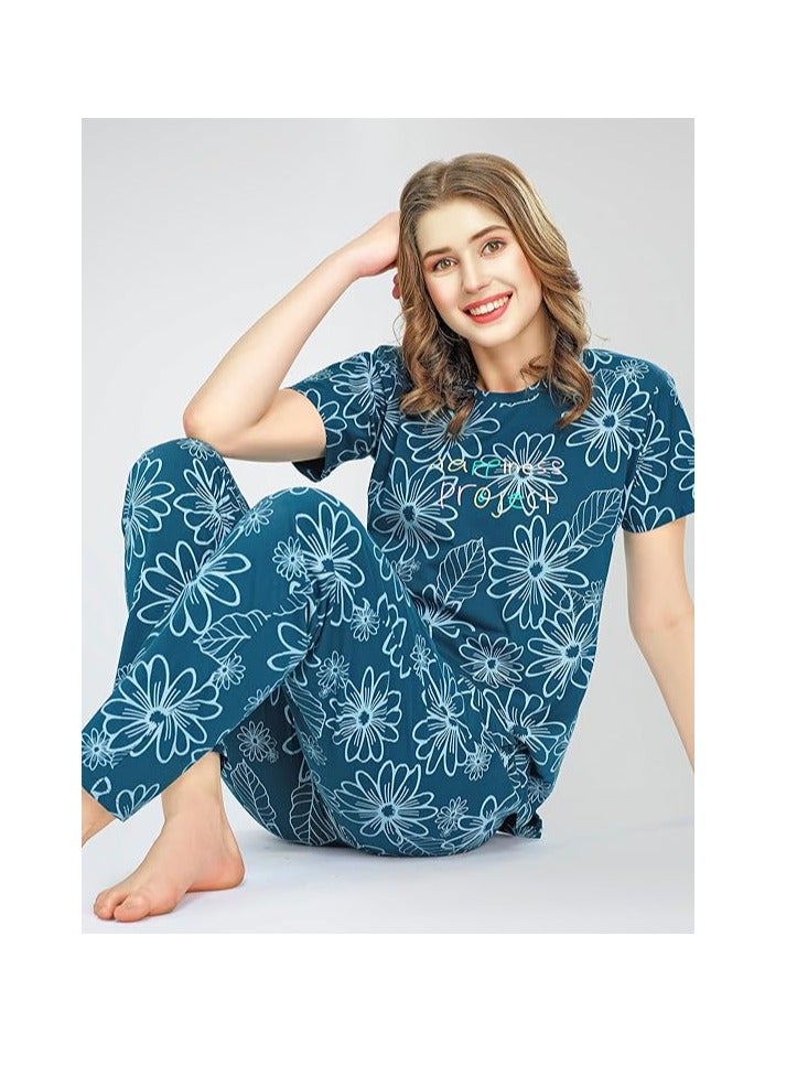 Accessorize Kingdom Night Suit for Women's Floral Printed Cotton Night Dress of Top and Pajama Set  - Image 3