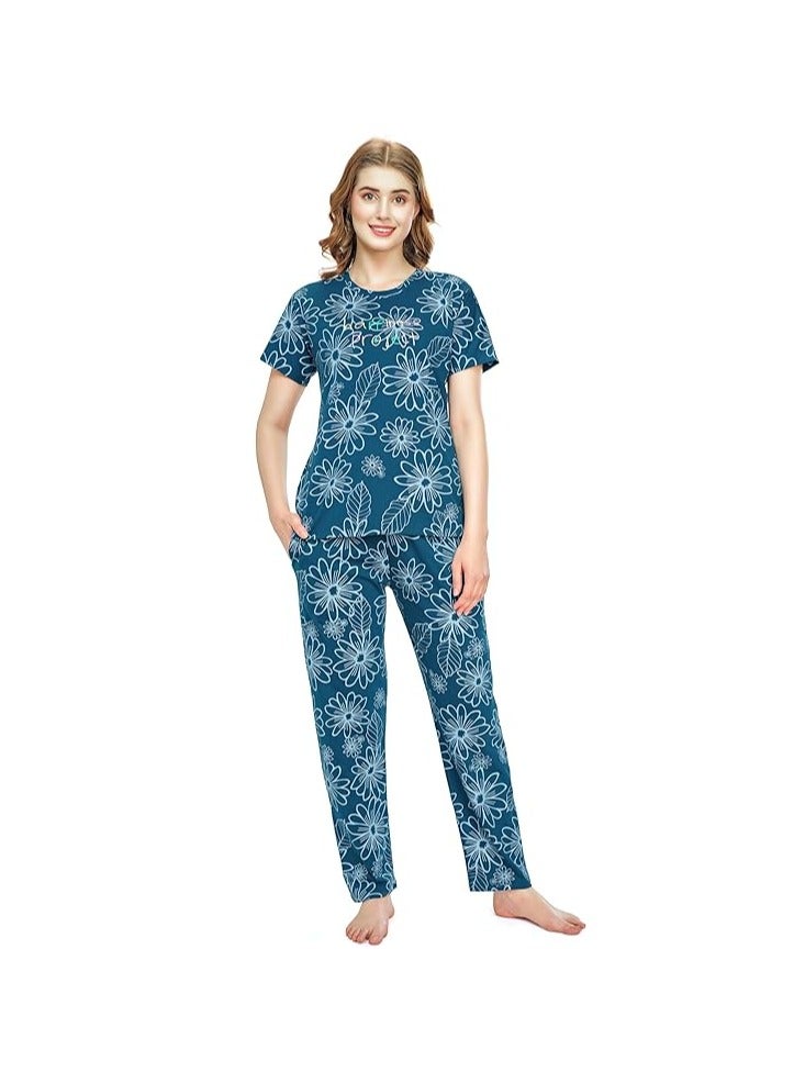 Accessorize Kingdom Night Suit for Women's Floral Printed Cotton Night Dress of Top and Pajama Set  - Image 1