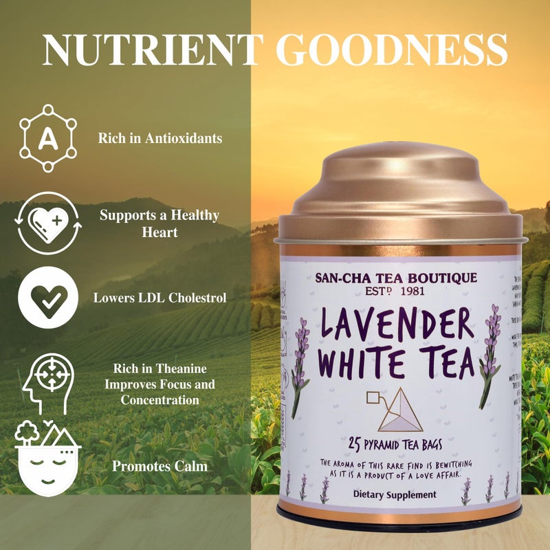 SAN-CHA Sancha Tea Boutique, Lavender White Tea, 25 Pyramid Bags, Silver Needles Tea, Calming & Relaxing Leaves, Lavender Flower Blend - Image 5