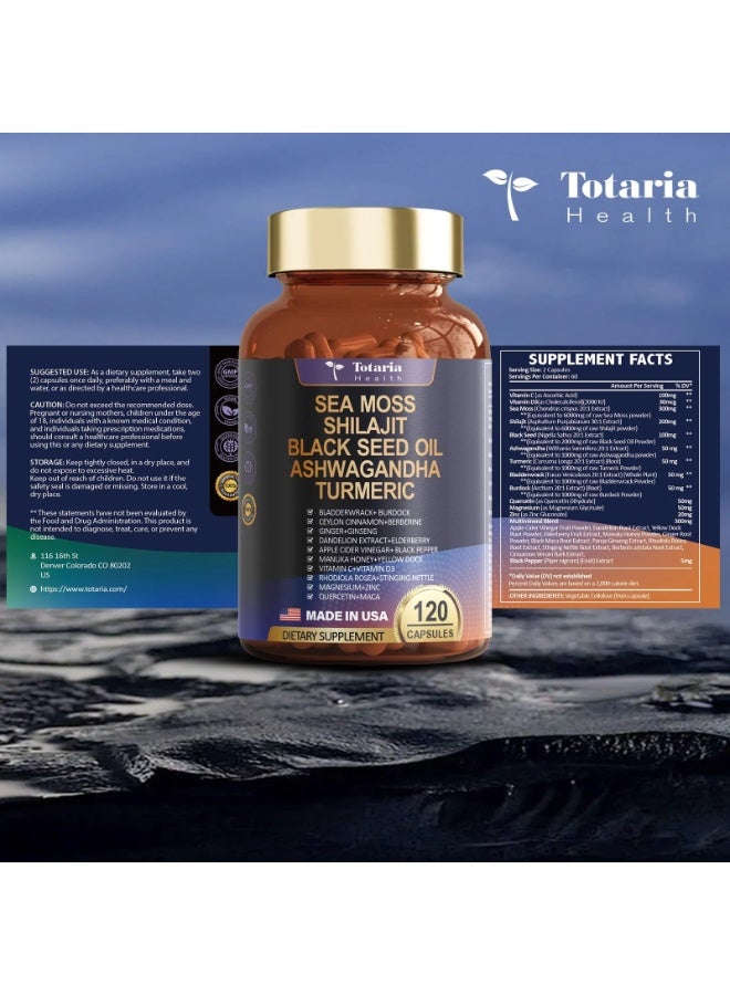 توتاريا تركيبة ٢٥ في ١ مع طحالب البحر، وشيلاجيت، وبربرين، وفيتامينات C وD3، مركب لدعم المناعة، والأمعاء، والطاقة، ١٢٠ كبسولة - Image 3