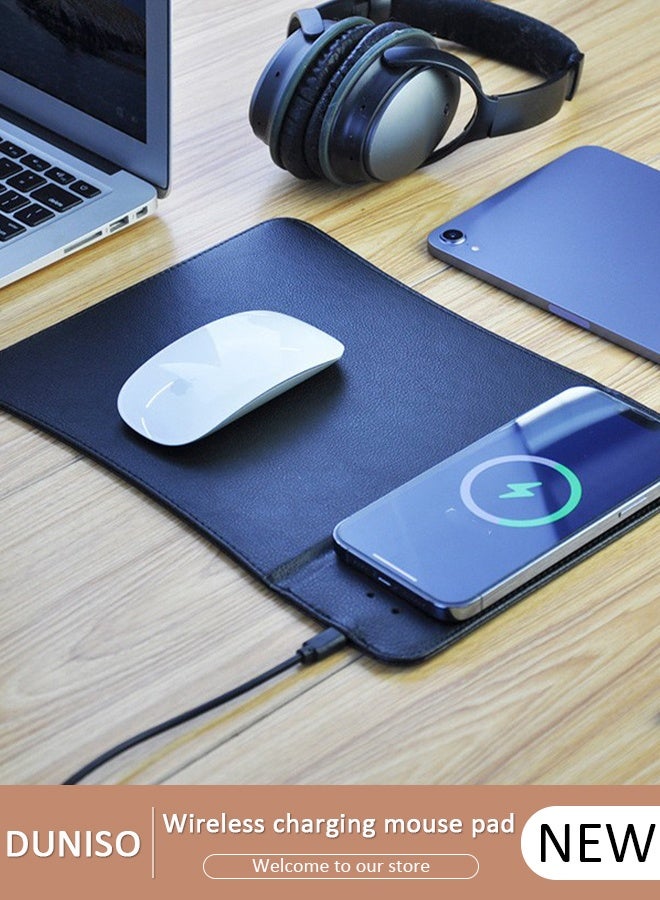 DUNISO Mini Wireless Charging Mouse Pad Premium Leather Mouse Pad Charging Wireless Mousepad Folds Up for Ofiice Travel - Image 1