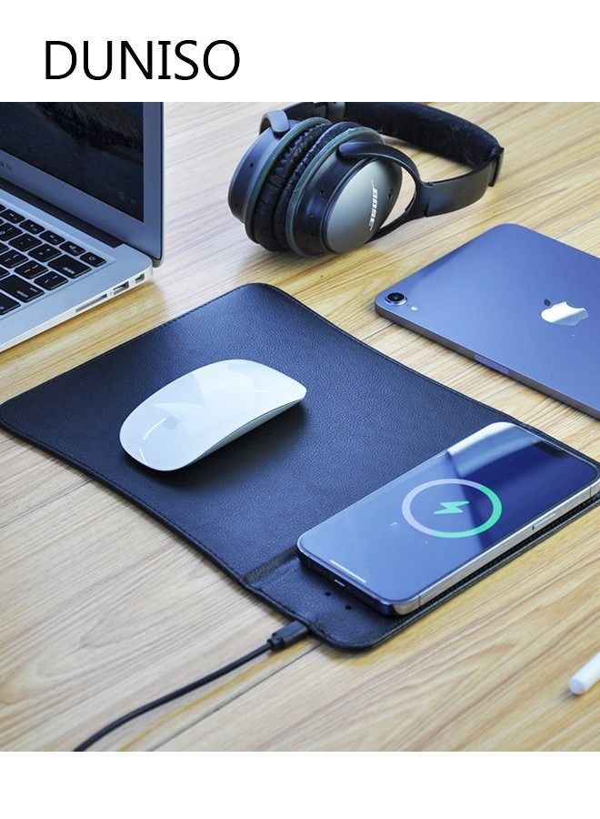 DUNISO Mini Wireless Charging Mouse Pad Premium Leather Mouse Pad Charging Wireless Mousepad Folds Up for Ofiice Travel - Image 1