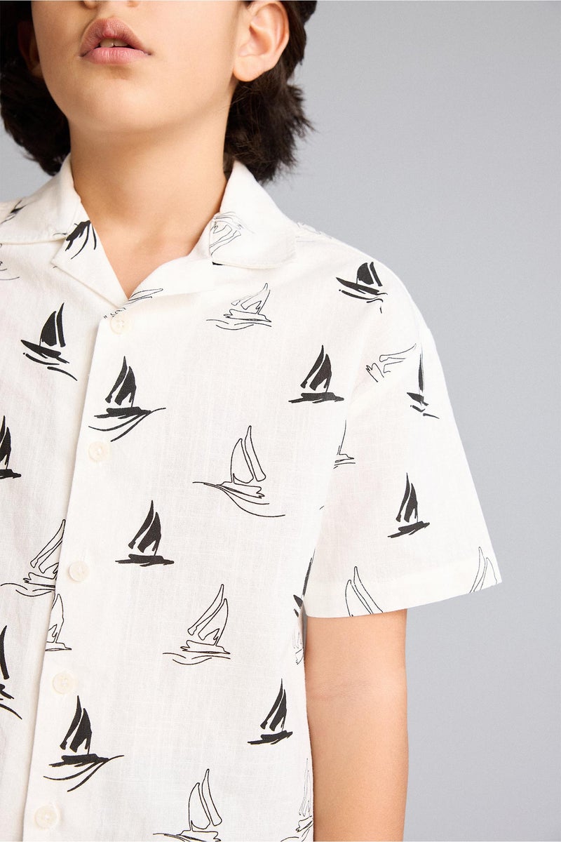 DeFacto Beige Boy Boy Polo Neck Tropical Pattern Printed Fabric Oversize Shirt Casual - Image 4