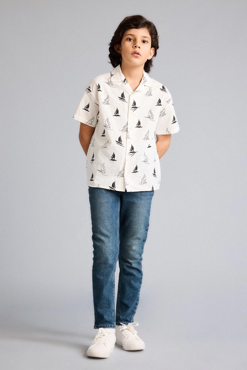 DeFacto Beige Boy Boy Polo Neck Tropical Pattern Printed Fabric Oversize Shirt Casual - Image 2