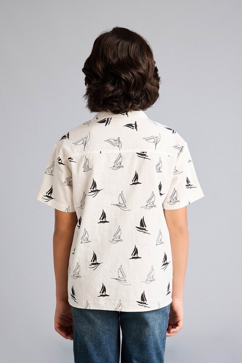 DeFacto Beige Boy Boy Polo Neck Tropical Pattern Printed Fabric Oversize Shirt Casual - Image 5
