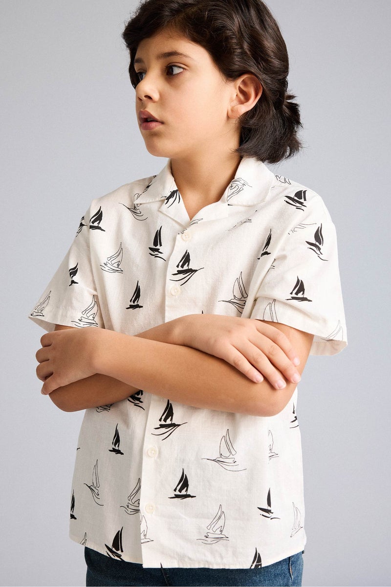 DeFacto Beige Boy Boy Polo Neck Tropical Pattern Printed Fabric Oversize Shirt Casual - Image 1