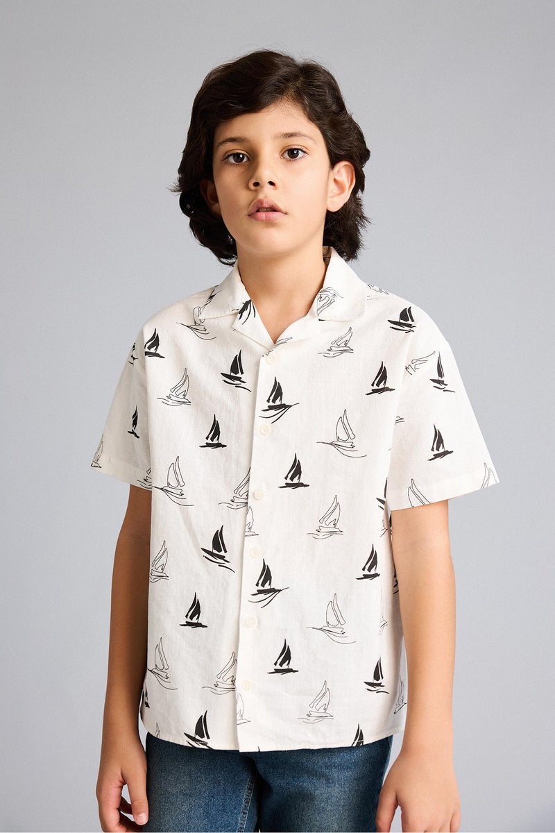 DeFacto Beige Boy Boy Polo Neck Tropical Pattern Printed Fabric Oversize Shirt Casual - Image 3