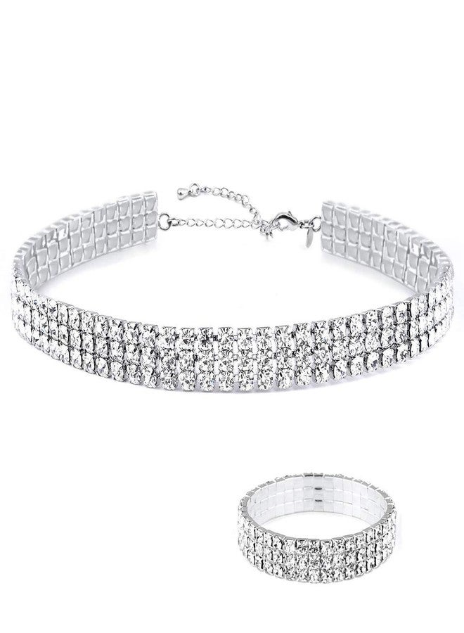 Zealmer Women White Gold Plated 3 Rows Rhinestone Choker Necklace & Bracelets Set - Image 1