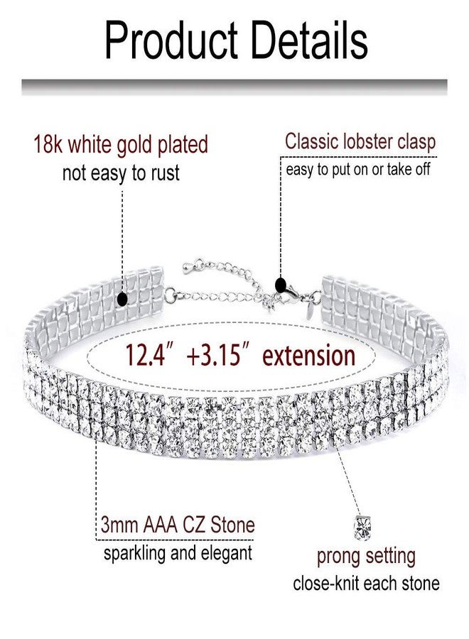 Zealmer Women White Gold Plated 3 Rows Rhinestone Choker Necklace & Bracelets Set - Image 2