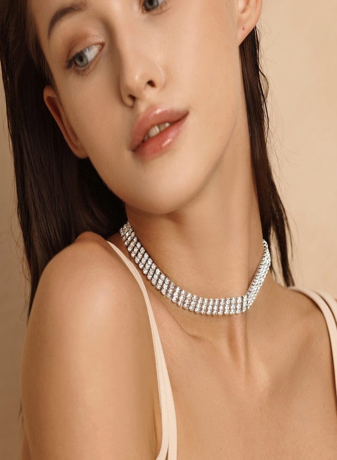 Zealmer Women White Gold Plated 3 Rows Rhinestone Choker Necklace & Bracelets Set - Image 3