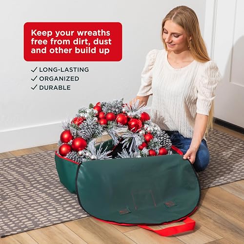 HOLDN’ STORAGE Premium Wreath Storage Bag - Durable Material - Waterproof - Heavy-duty Christmas Storage Container for Xmas Wreath with Dual Zipper Closure, Tear-proof, 24"W x 7"D - Green - Image 2