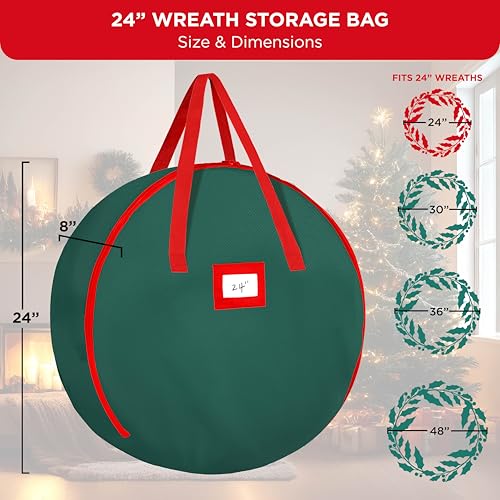 HOLDN’ STORAGE Premium Wreath Storage Bag - Durable Material - Waterproof - Heavy-duty Christmas Storage Container for Xmas Wreath with Dual Zipper Closure, Tear-proof, 24"W x 7"D - Green - Image 4