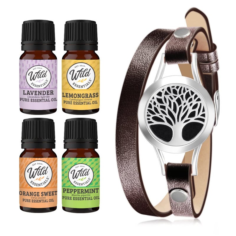 mEssentials Wild Essentials Tree of Life Essential Oil Leather Wrap Bracelet Diffuser Kit Gift Set Lavender Lemongrass Peppermint Orange Oils 12 Pads Customizable Color Changing Perfume Jewelry Brown