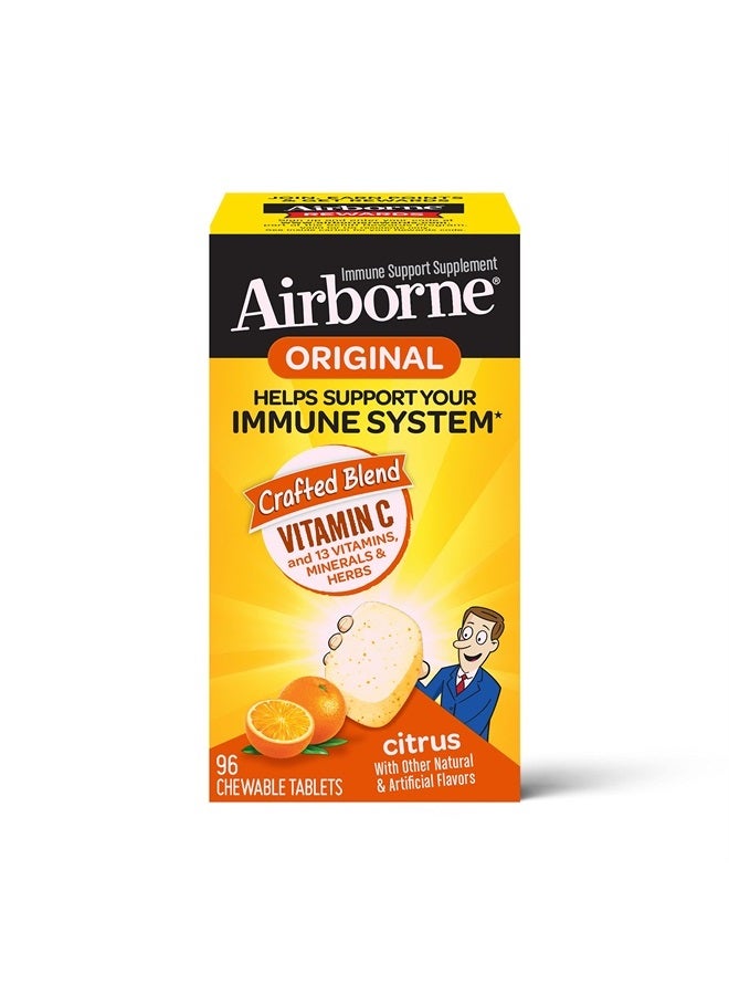 Airborne 1000mg Chewable Tablets with Zinc, Immune Support Supplement with Powerful Antioxidants Vitamins A C & E - 96 Tablets, Citrus Flavor - Image 1