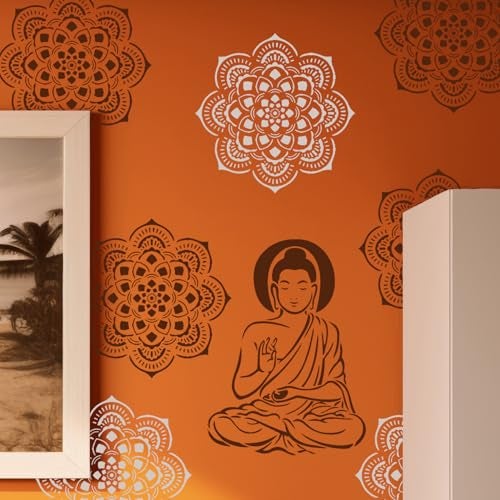 ARandNJ Combo Stencil for Wall Painting (Size:- 16X24 Inch) Theme:- Lord Buddha & Mandala Rangoli DIY Reusable Painting Design Suitable for Bedroom,Living Room Entrance (Pack of 2) - Image 1